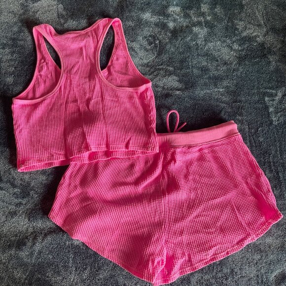 Like NEW Offline by Aerie Waffle Distressed Pink Pj set M - Picture 2 of 4